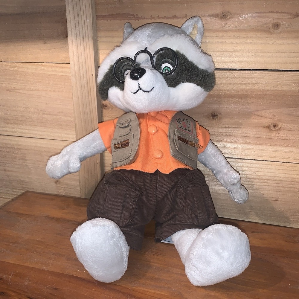 Great Wolf Lodge 16" Plush OLIVER Raccoon with Glasses & Fishing Outfit Fiesta